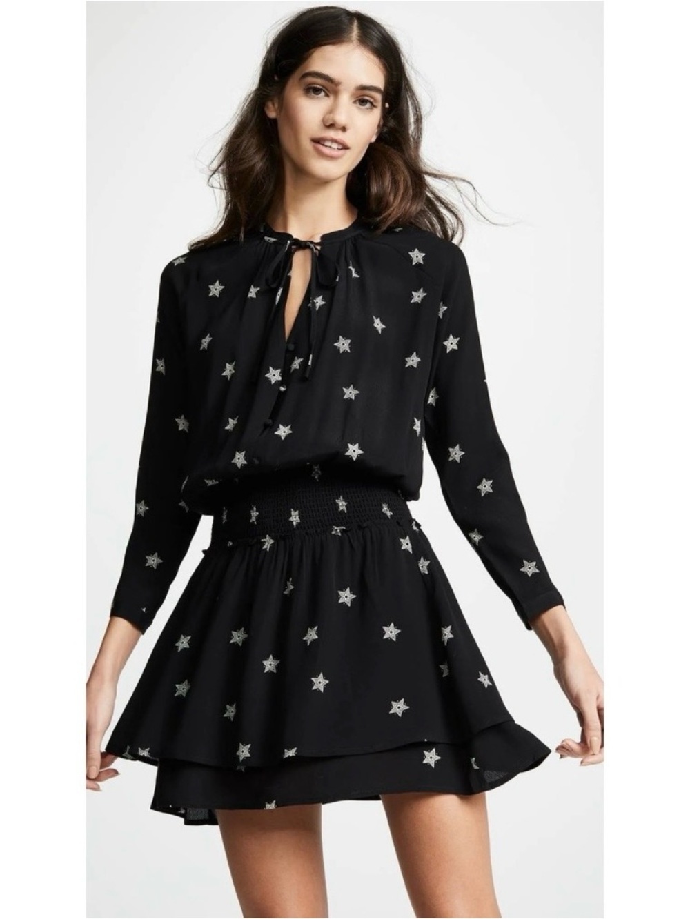Rails Jasmine Black Rivet Star Smocked Waist Mini Dress Size Large Celestial
